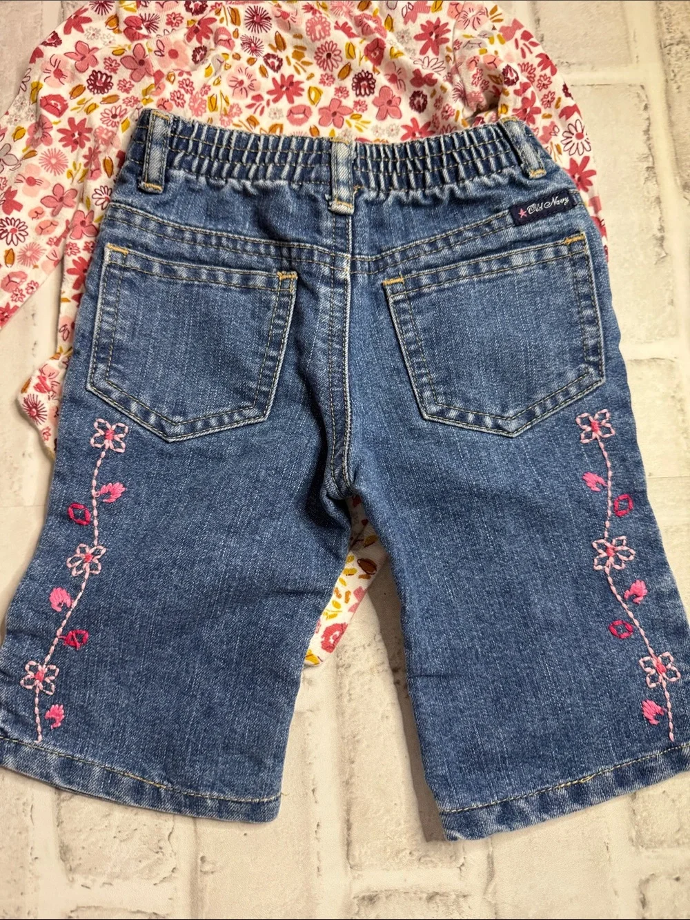 Old Navy Girls Blue Denim Jeans with Pink Floral Embroidery